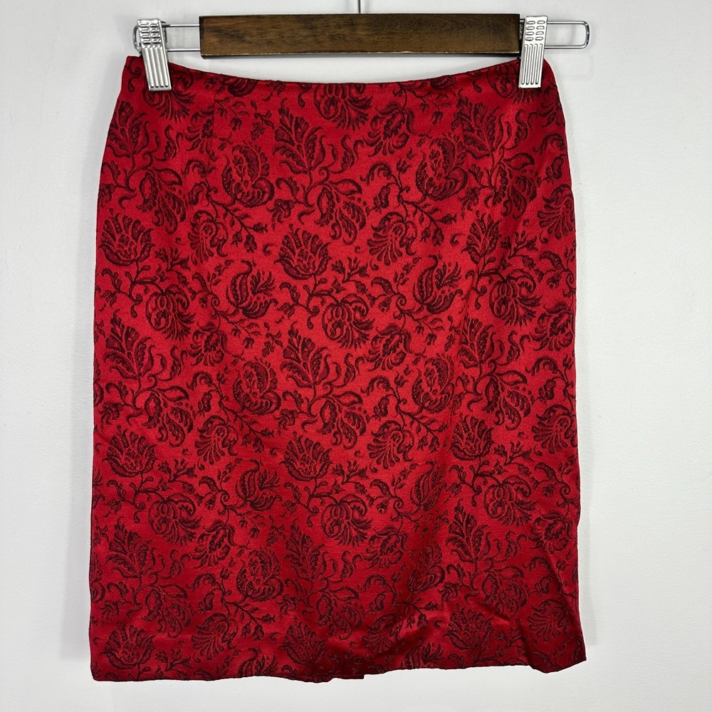 Vintage 90s Ann Taylor Pencil Skirt Womens 0P Red Floral Whimsigoth Baroque Glam